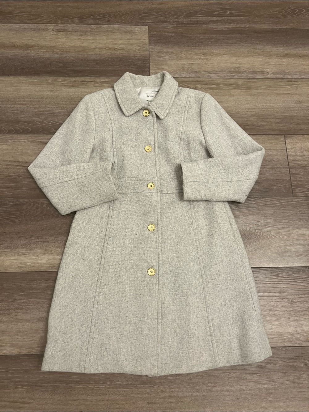 J. Crew Light Gray Wool-Blend Trench Coat with Gold Buttons